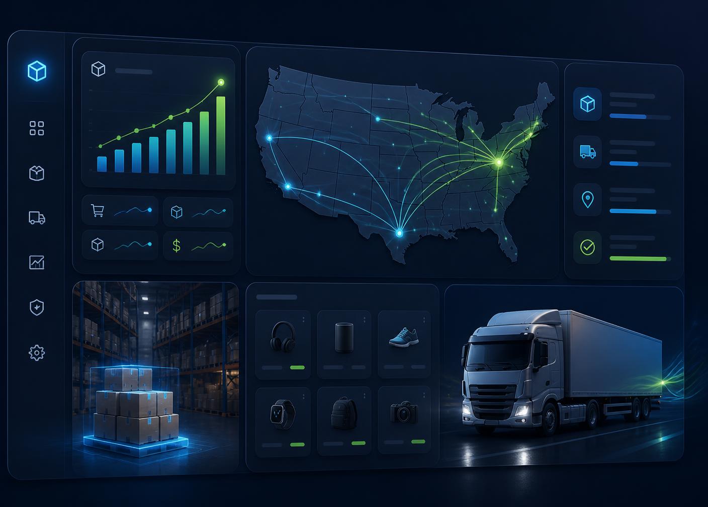 Chandra warehouse dashboard showing US shipping routes, live order analytics, and same-day fulfillment